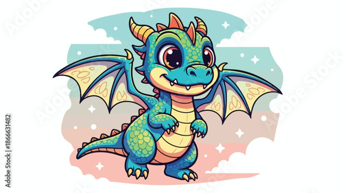Adorable Cartoon Dragon with Big Eyes and Small Wings.