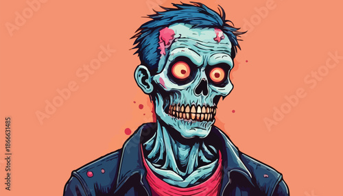 Cartoon Zombie Portrait with Glowing Eyes and Exposed Skull.
