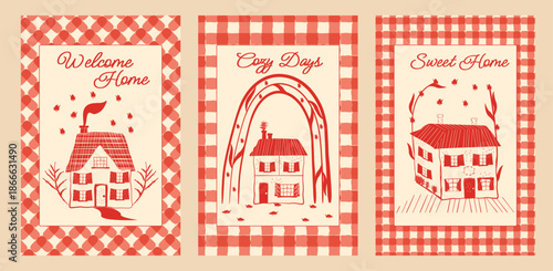 Minimal Cozy Houses on Gingham Background