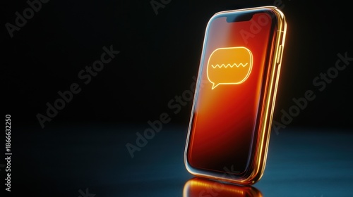 Smartphone displaying glowing chat bubble on screen on dark background, copy space