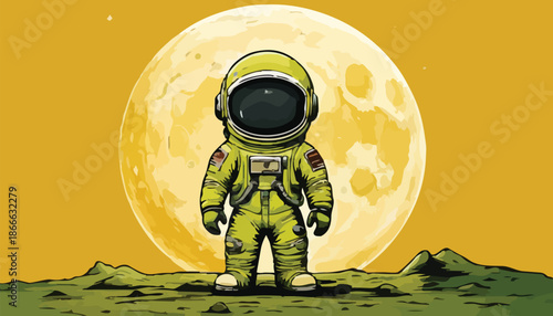 Cartoon Astronaut Standing on a Lunar Surface in Full Gear.