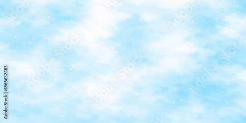 Beautiful blue winter sky background featuring fluffy white clouds and snowflakes in a bright natural atmosphere for a clear abstract nature cloudscape