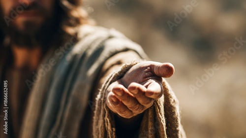 Jesus extending his hand as salvation on a beige background with copy space