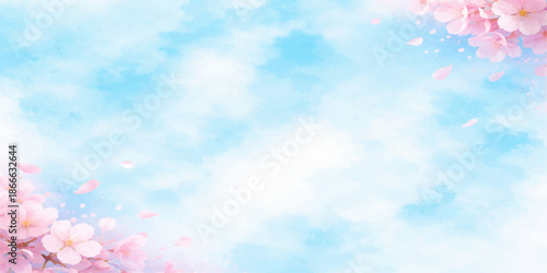 A bright spring background featuring pink flowers blooming under a clear blue sky with white clouds and beautiful sunny light for a high-quality nature atmosphere