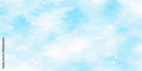 Abstract blue bokeh Christmas background featuring bright sunlight and fluffy white clouds in a beautiful summer sky atmosphere