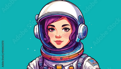 Cartoon Astronaut Girl with Purple Hair in Space Suit.