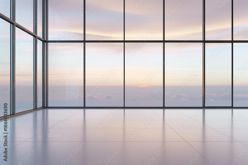 Fototapeta premium Modern glass office interior with panoramic windows and sky view, minimal corporate background