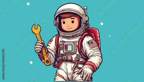 Cartoon Astronaut Ready for Space Repairs with Wrench.