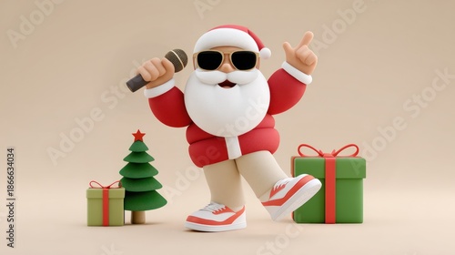 Trendy santa claus singing christmas rock music on gifts background