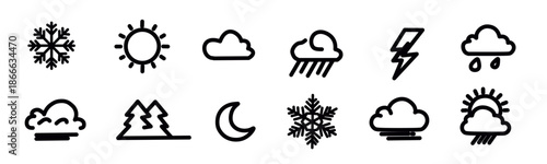 set of various weather icons like moon, sun, cloud, rain, snow, frost, forest, fog isolated on white or transparent png