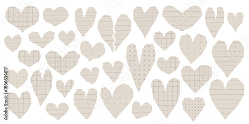 Set of roughly hand-cut paper hearts with various notebook textures: grid, lines, dots on white background. Vector collage for scrapbooking, photo album design, presentations, social media posts.