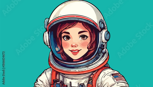 Cartoon Astronaut Woman in Space Suit with Helmet.