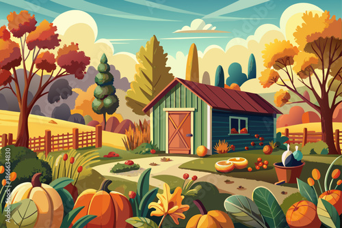 Organic vegetable garden in autumn with seasonal vegetables alongside small gardeners create a rustic rustic atmosphere in a rural setting sustainable farming lifestyle lifestyle with natural light.