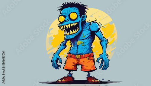 Cartoon Zombie Character with Orange Shorts and Yellow Eyes.