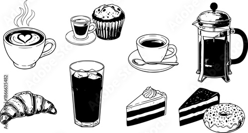 Hand drawn sketch style coffee shop set illustration of various coffees and bakery items collection
