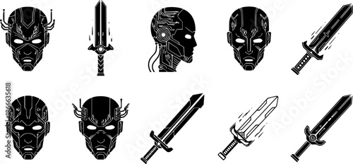 Futuristic cybernetic heads and swords graphic icons
