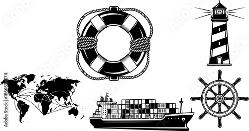 Nautical Icons Lifebuoy Lighthouse Ship Wheel World Map Cargo Ship
