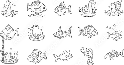 ocean creature icons on white background
