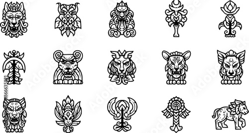 Set of ancient symbols and mythological creatures
