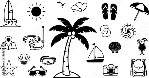 Tropical beach vacation and adventure icons
