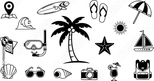 Tropical beach vacation and adventure icons
