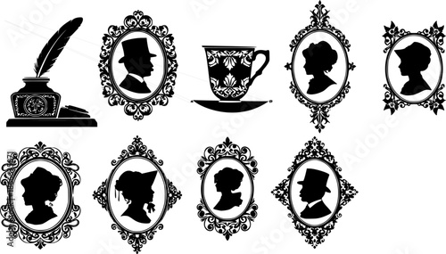 Victorian silhouettes and decorative frames inkwell feather cup umbrella
