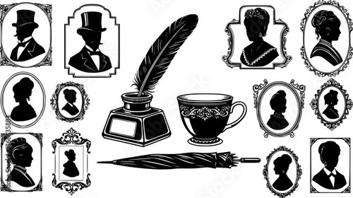 Victorian silhouettes and decorative frames inkwell feather cup umbrella
