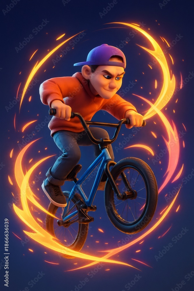 Naklejka premium Young energetic boy on a BMX bike in midair surrounded by a fiery glow, showcasing skill and determination