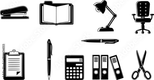 Office supplies icons stapler folder desk lamp chair pen clipboard calculator scissors binders
