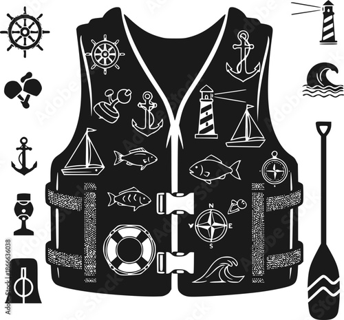 Nautical and boating icons in dark teal paddle life vest
