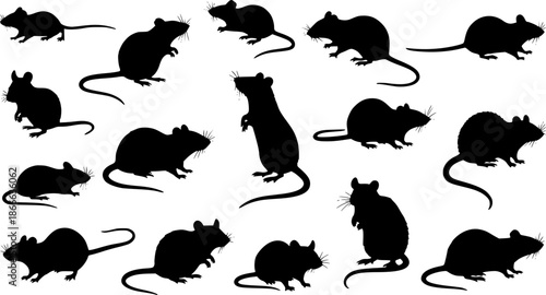 Collection of black silhouettes of mice and rats.
