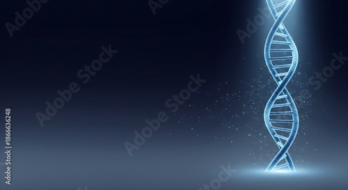Glowing DNA helix on dark blue background with copy space