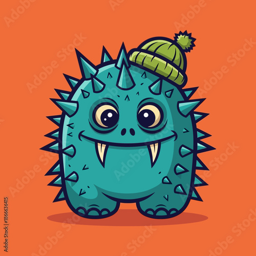Cartoon Monster Wearing Green Beanie Hat.