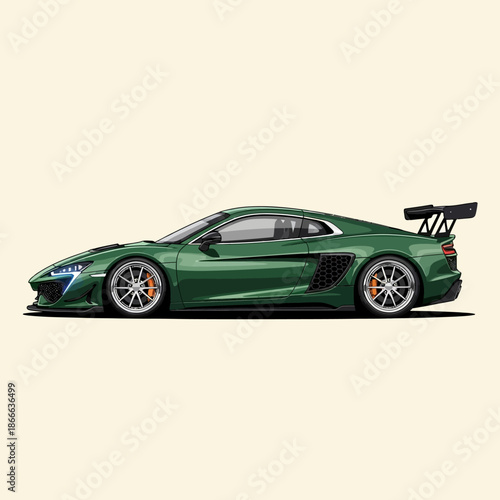 Green Sports Car with Spoiler and Alloy Wheels.