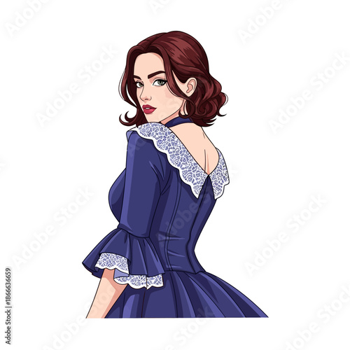 Woman in Blue Dress with Lace Trim.