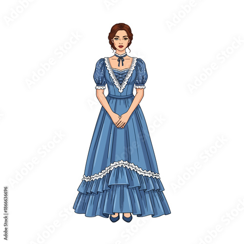 Woman Wearing Blue Victorian Style Dress.