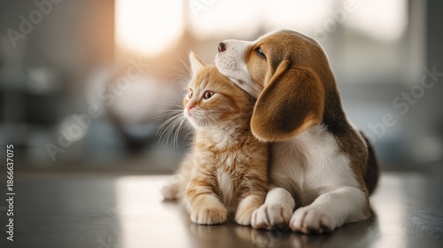 Adorable Beagle Puppy Cuddling With Orange Kitten On Smooth Surface In Warm Light, A Sweet Moment Of Pet Friendship For Family, Home, And Pet Stock Photography