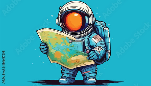 Cartoon astronaut intently studies a map, navigating the cosmos.