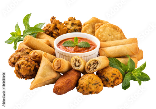 assorted fried snack platter with samosas, spring rolls, and chutney