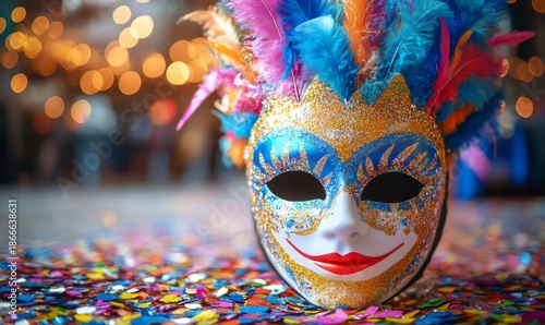 Ornate golden and blue carnival mask with vibrant feathers resting on colorful confetti, celebrating new year festivities