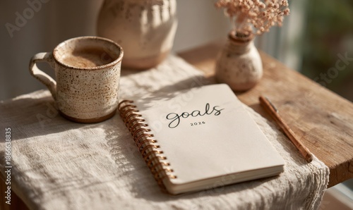 Notebook displaying goals for 2026, with a coffee mug and pen on a rustic wooden surface, representing future plans