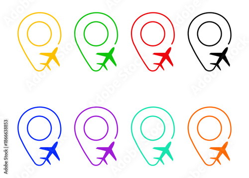 Location Pin with Airplane Icon Travel and Tourism Vector Symbol Set Stock Illustration