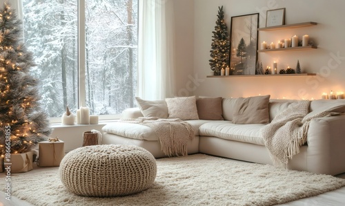 Hygge home interior with a decorated christmas tree, glowing lights, and candles creating a warm, festive atmosphere during winter