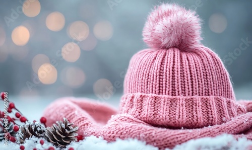 Pink knitted hat and scarf on fresh snow with pine cones and red berries, creating a cozy winter or new year atmosphere