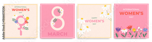 Floral greeting card set for International Women’s Day, 8 March celebration. Modern feminine spring design.