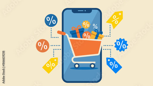 Online shopping concept with smartphone, shopping cart and discount icons - flat vector illustration