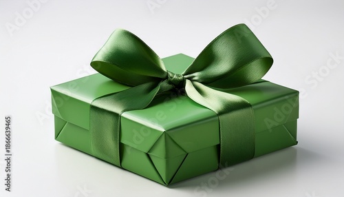 A Beautifully Wrapped Green Gift Box With A Satin Ribbon Resting On A Plain White Background Perfect For Celebrations And Special Occasions