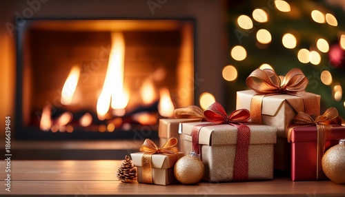 Cozy Christmas Eve Gifts By Fireplace With Soft Bokeh And Copy Space 6