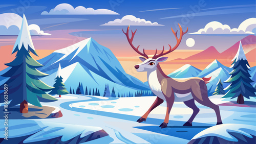 Reindeer walking across snowy tundra landscape