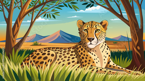 Cheetah resting in tall grass of African savanna